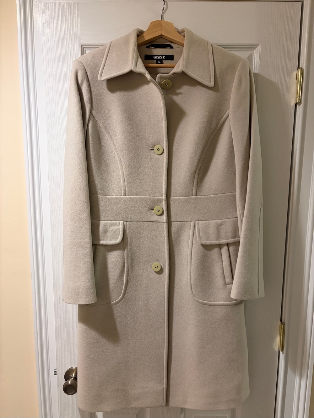 DKNY Cream Button-Front Wool Blend Trench Coat - Like New - Size 14 - Picture 3 of 5